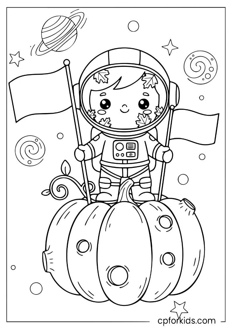 An astronaut standing on a pumpkin-shaped planet in space