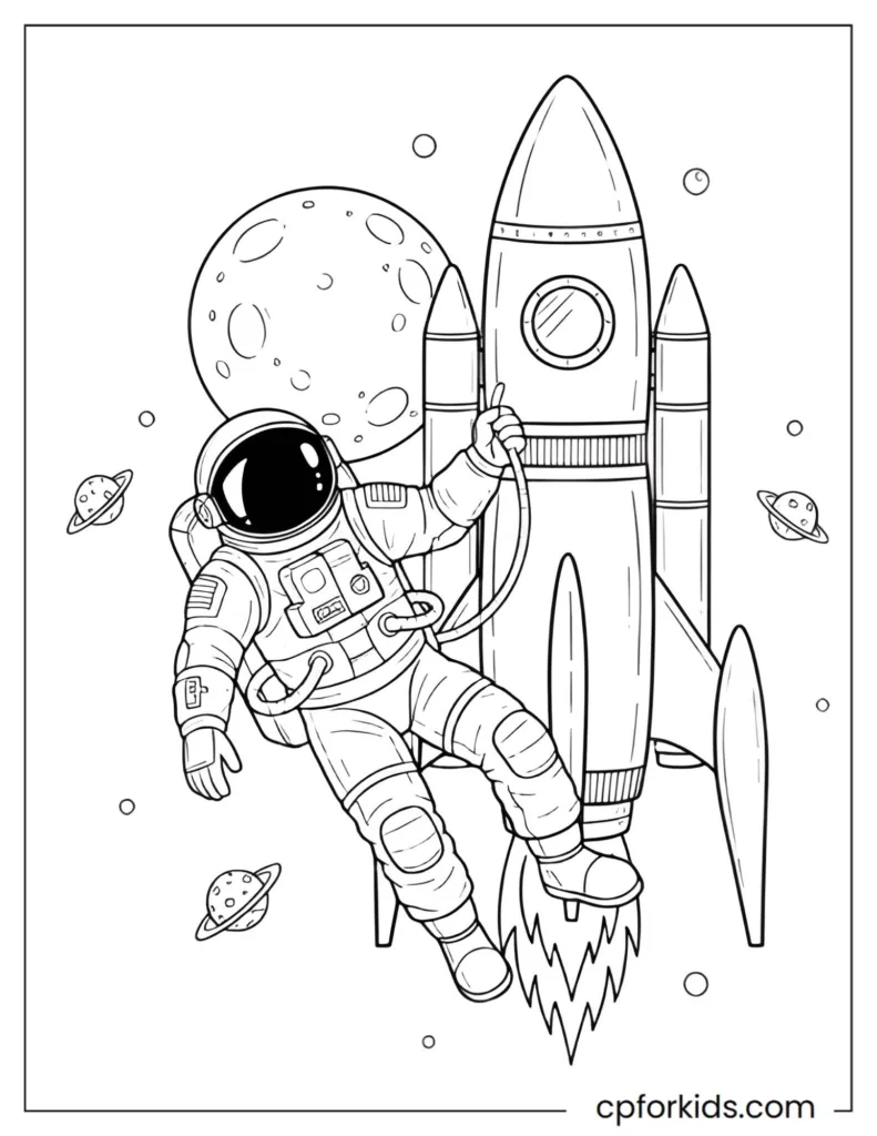 Astronaut coloring page featuring a space explorer floating next to a rocket ship.