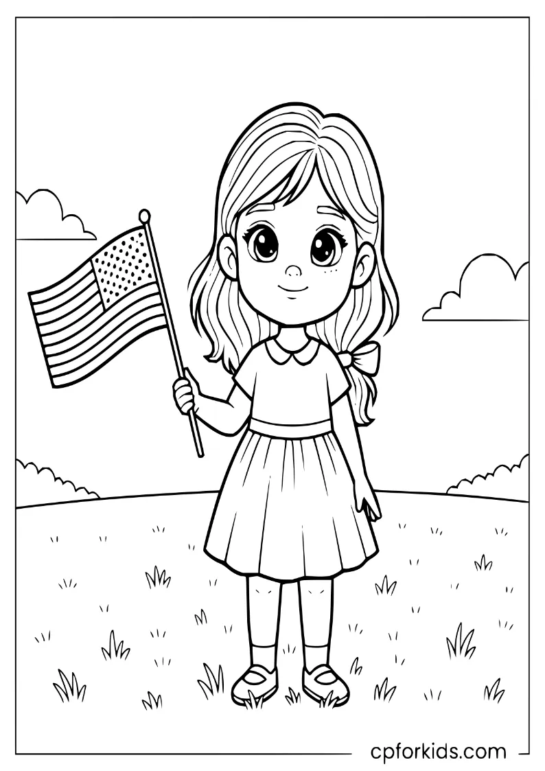Child holding an American flag in an open summer field