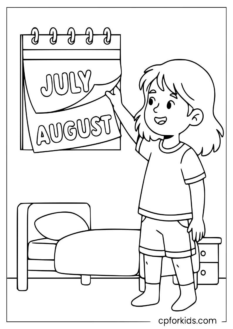 Child tearing the July page off a wall calendar to reveal August