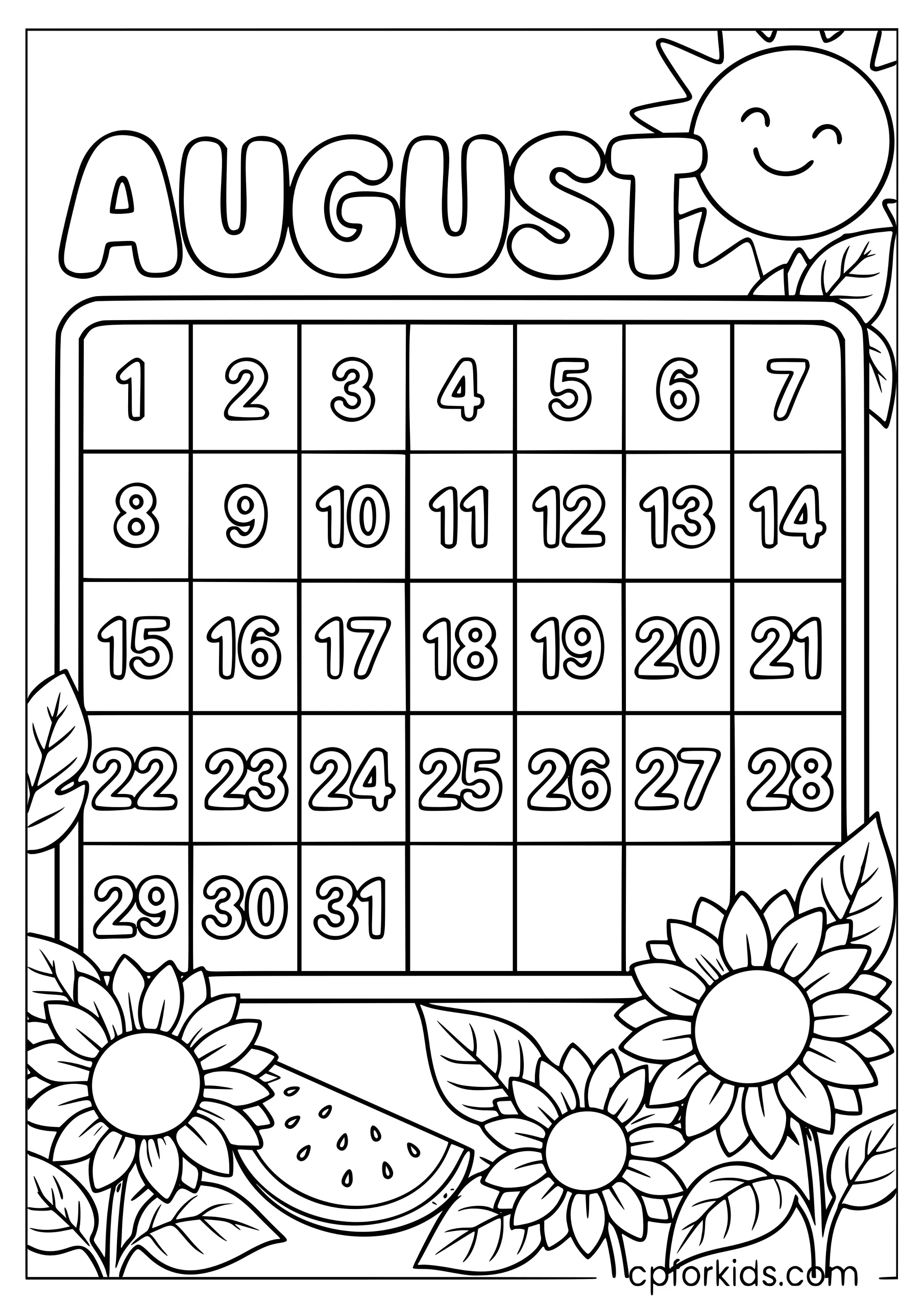 August calendar grid numbered 1 to 31, framed with sunflowers and a smiling sun