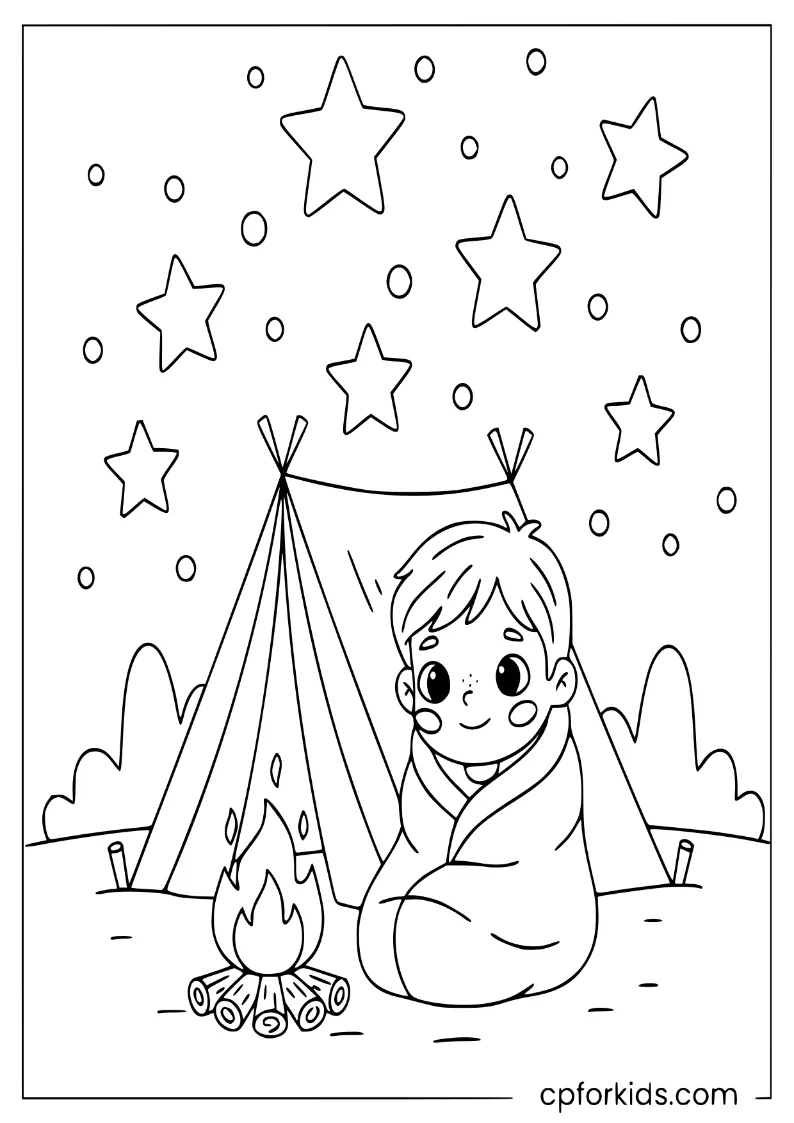 Child sitting by a campfire at summer camp under a starry sky