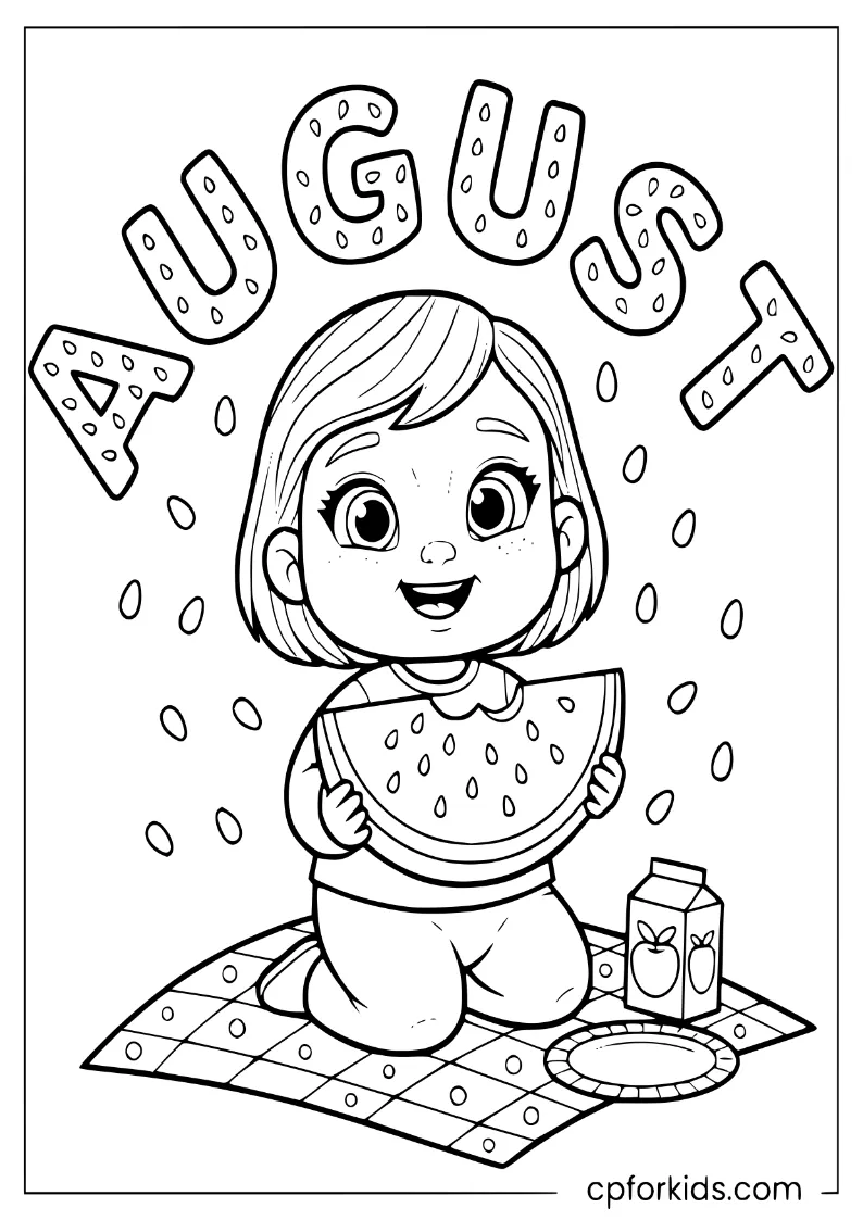 Child posing with a watermelon slice, its seeds spelling AUGUST