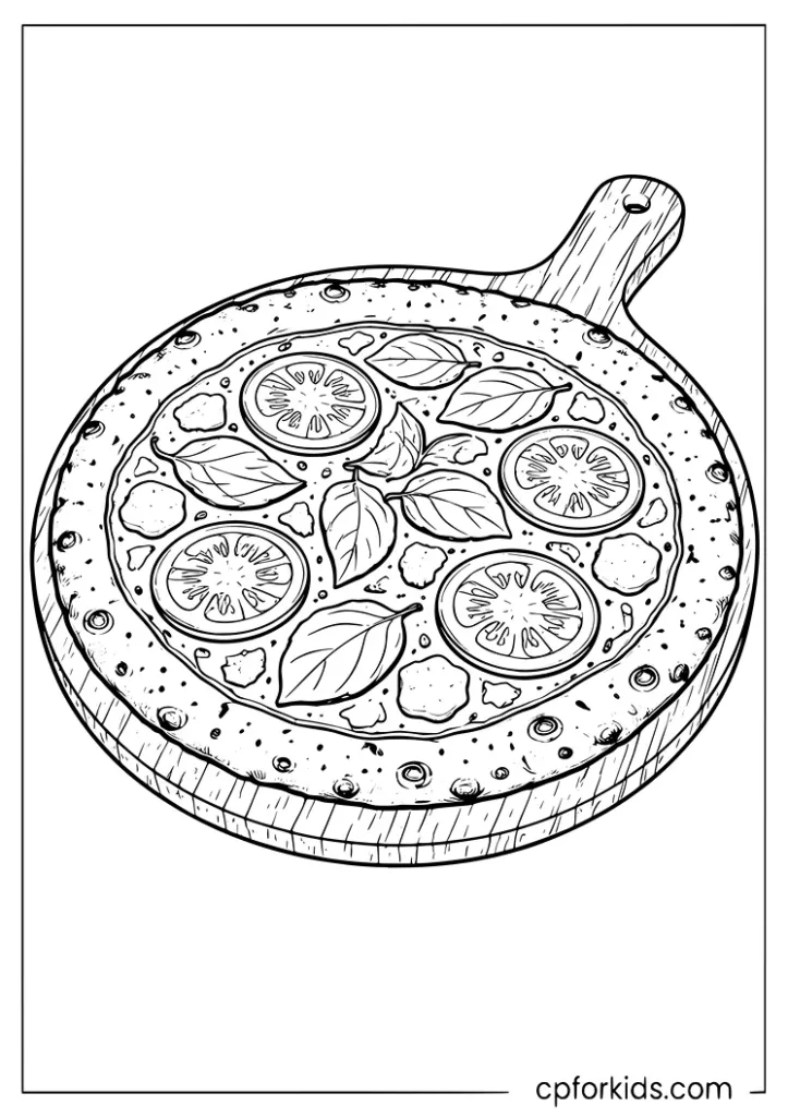 Authentic Italian pizza with basil and tomatoes on a wooden board coloring page