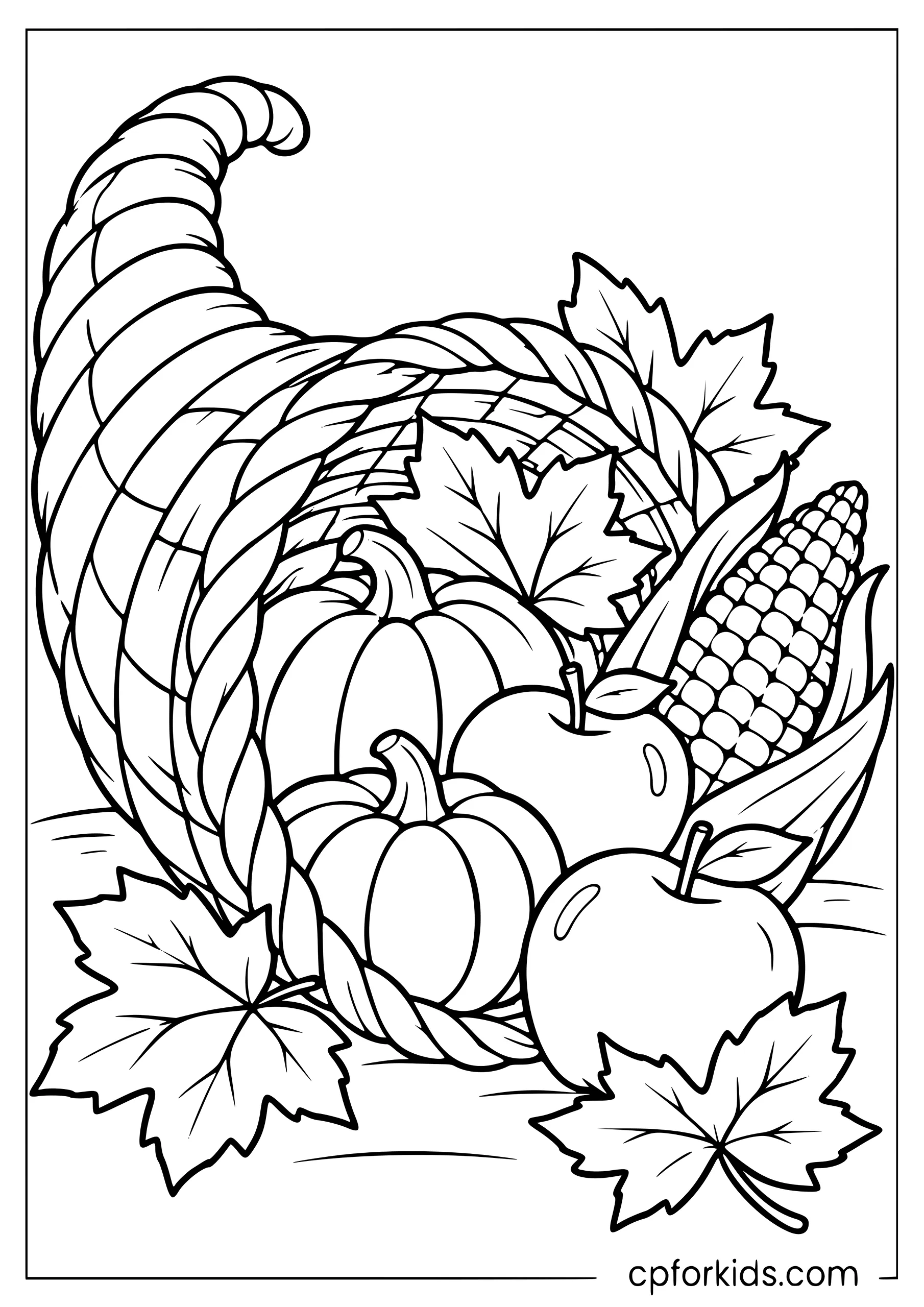 Cornucopia filled with pumpkins, apples, corn, and leaves