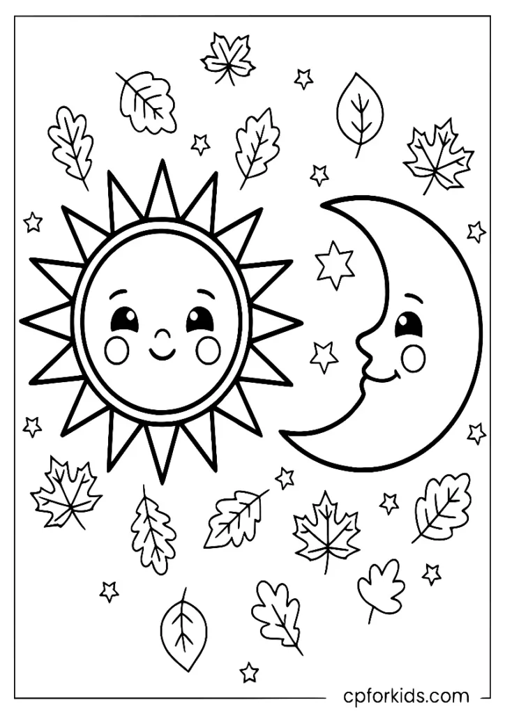 A beautiful sun and moon doodle representing the Autumn Equinox and first day of fall.