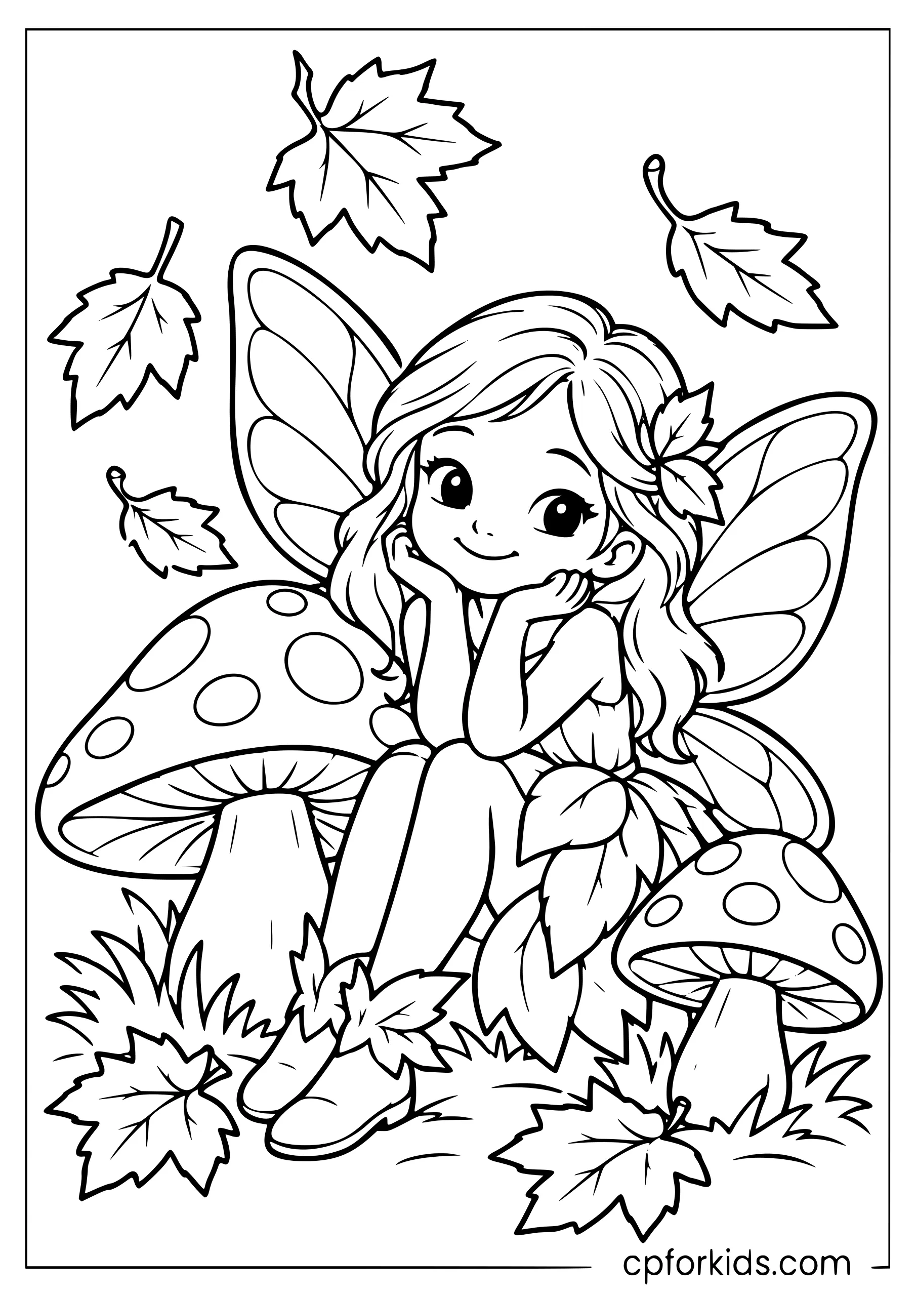 Cute autumn fairy sitting beside large mushrooms