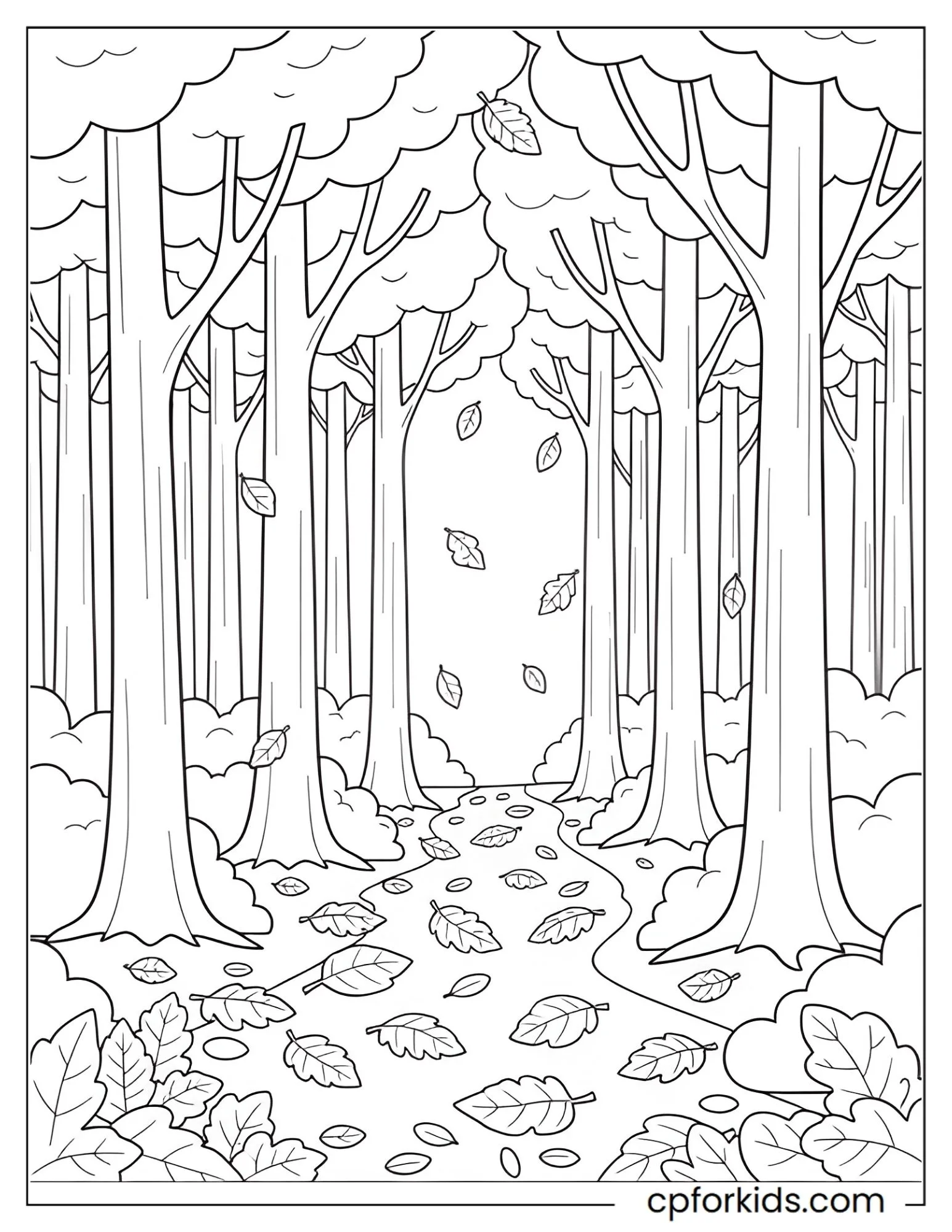 Forest path lined with trees and piles of leaves