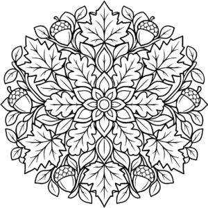 Autumn mandala with maple leaves oak leaves and acorns