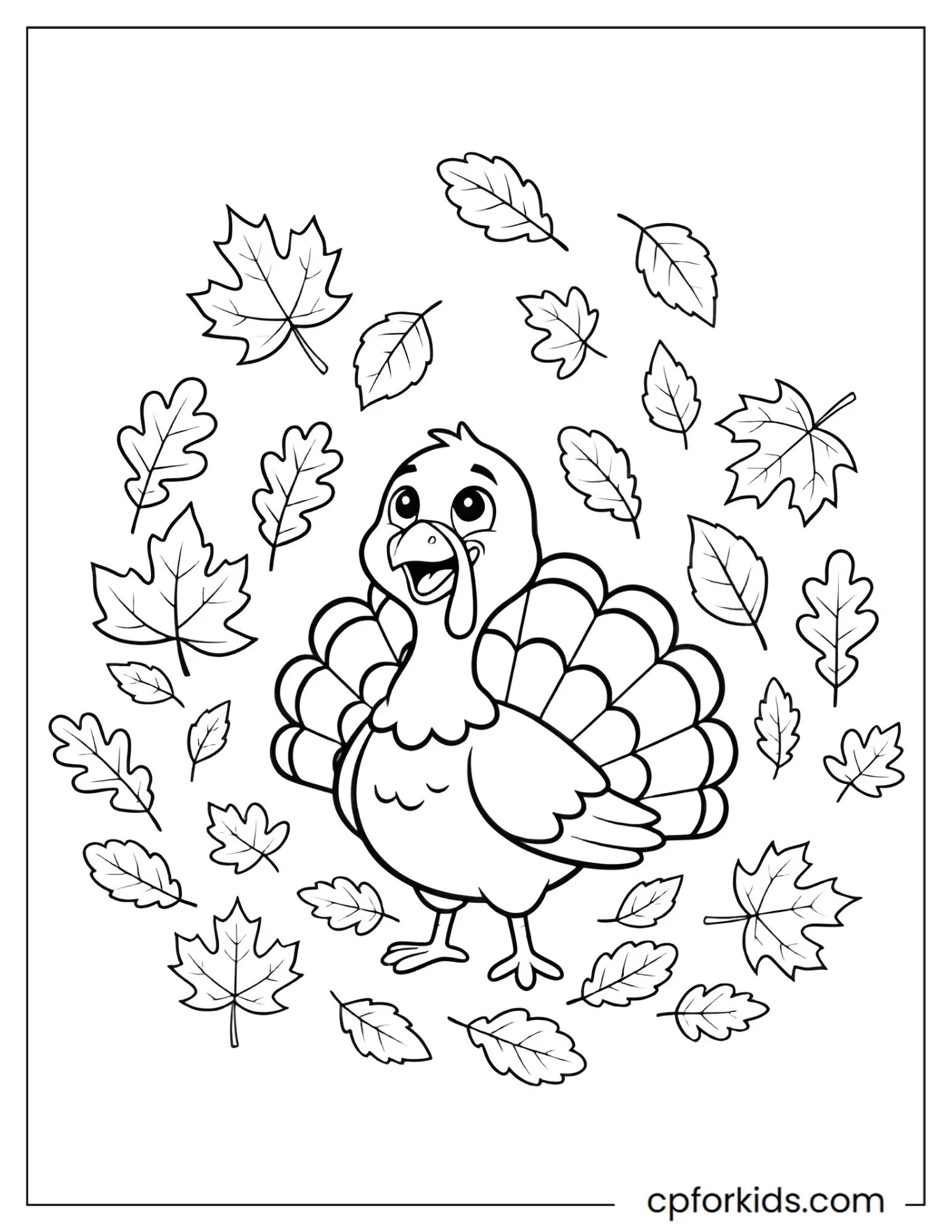 Turkey surrounded by maple and oak leaves