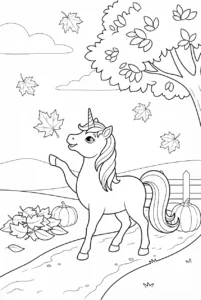 Unicorn walking through falling leaves on an autumn path