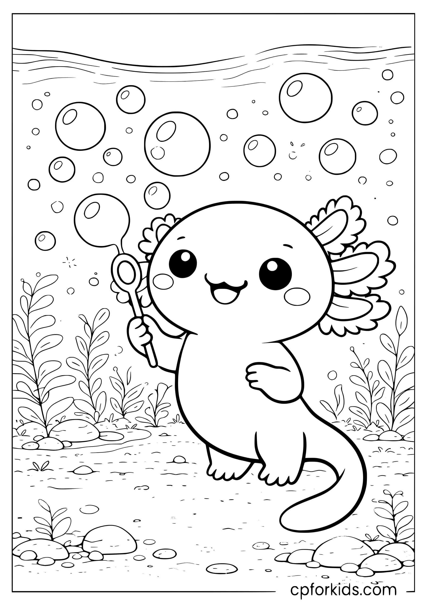 Axolotl Blowing Bubbles with a Wand