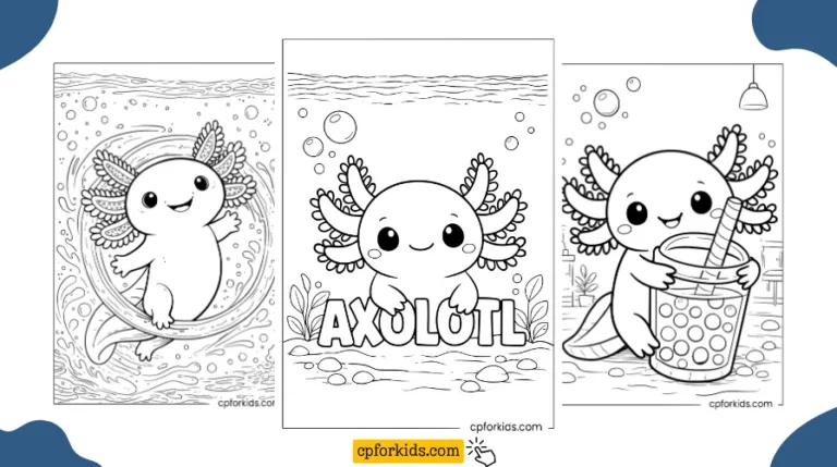 Axolotl coloring pages showing a cartoon axolotl swimming, a name page, and a boba axolotl
