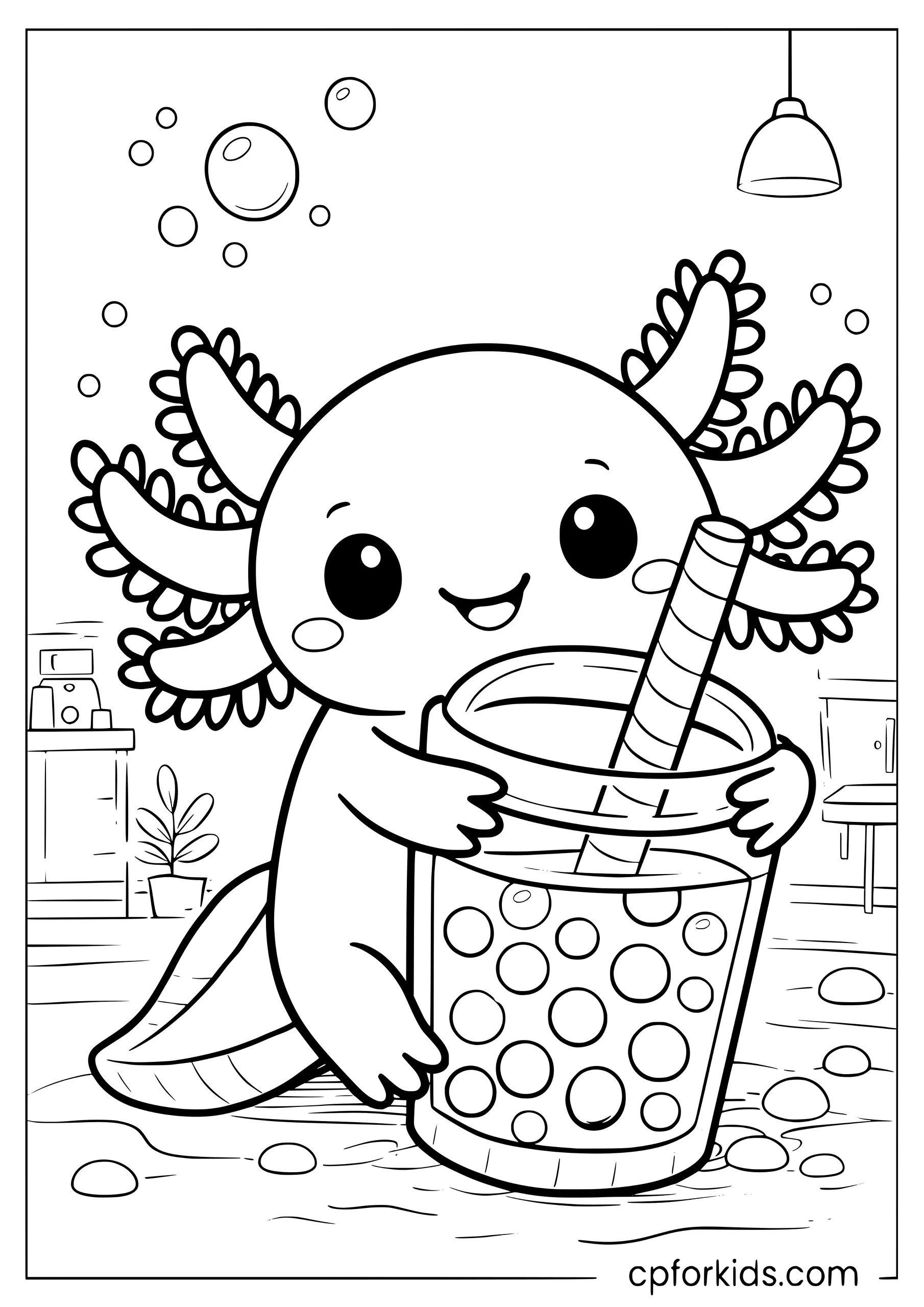 Axolotl Hugging a Giant Boba Drink
