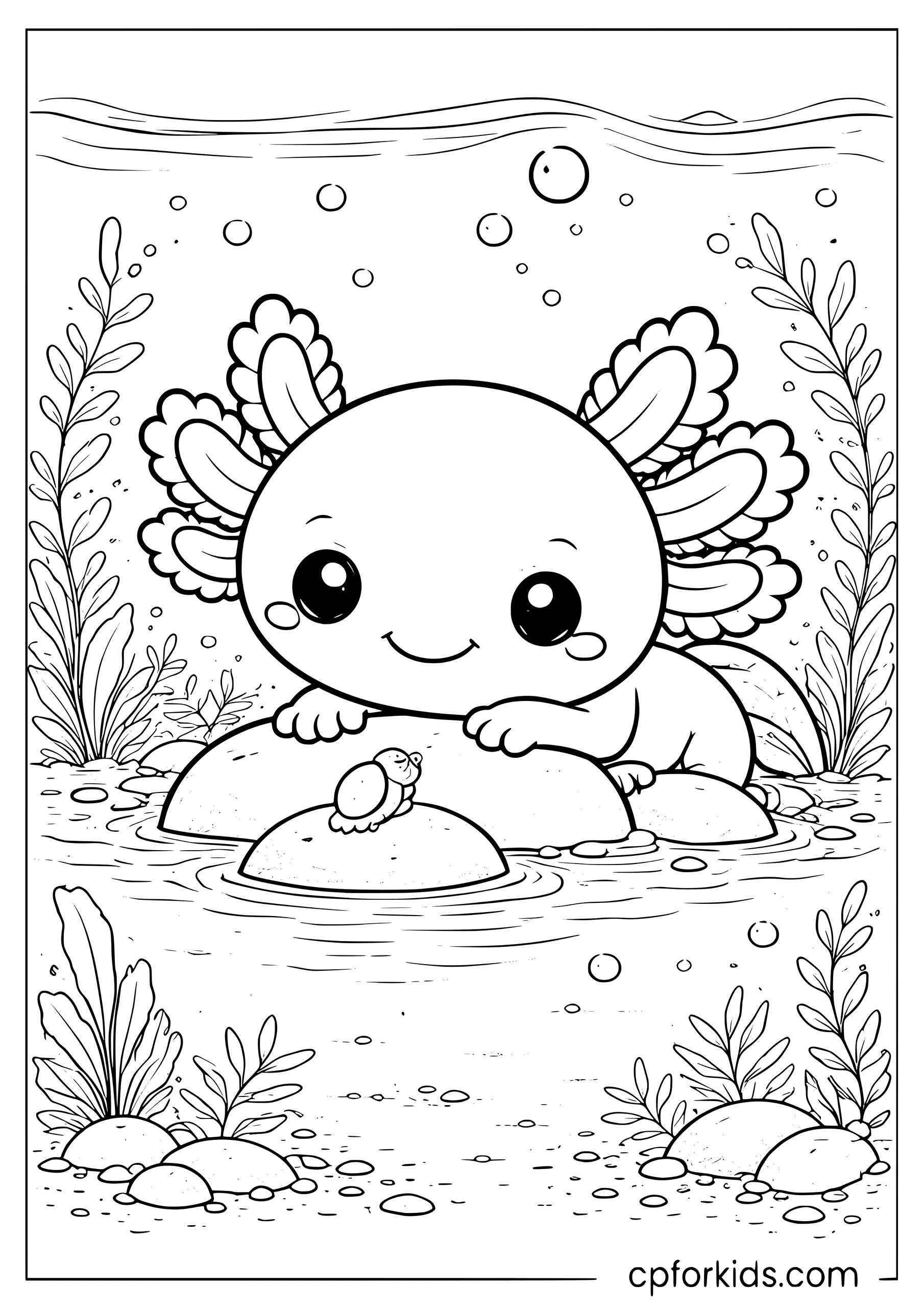 Axolotl Meeting a Tiny Snail Friend