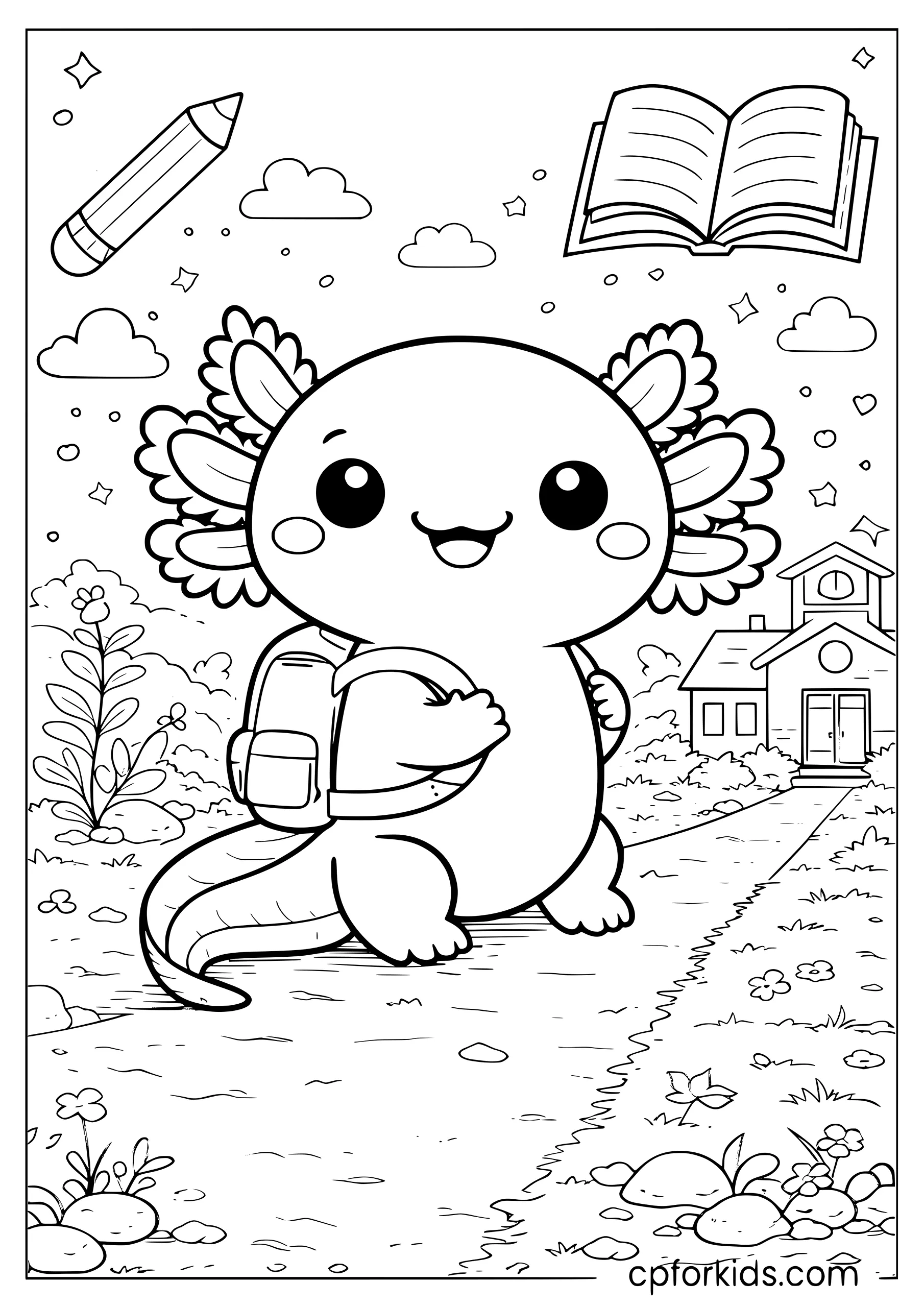 Axolotl Wearing a School Backpack