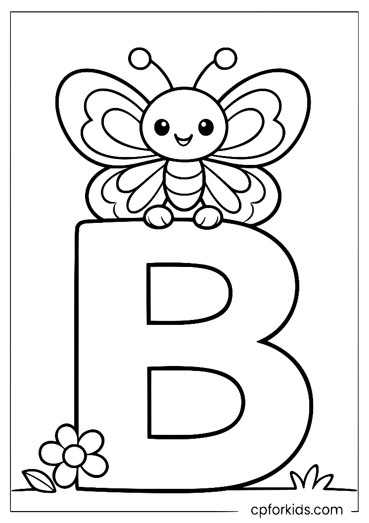 Butterfly above a large letter B beside a flower