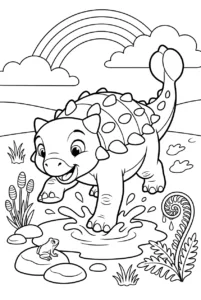 Baby Ankylosaurus splashing in a prehistoric puddle online coloring page
