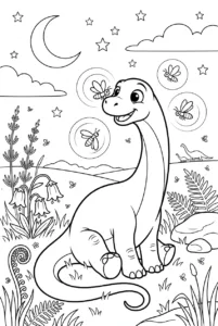 Baby Apatosaurus watching fireflies in a prehistoric meadow
