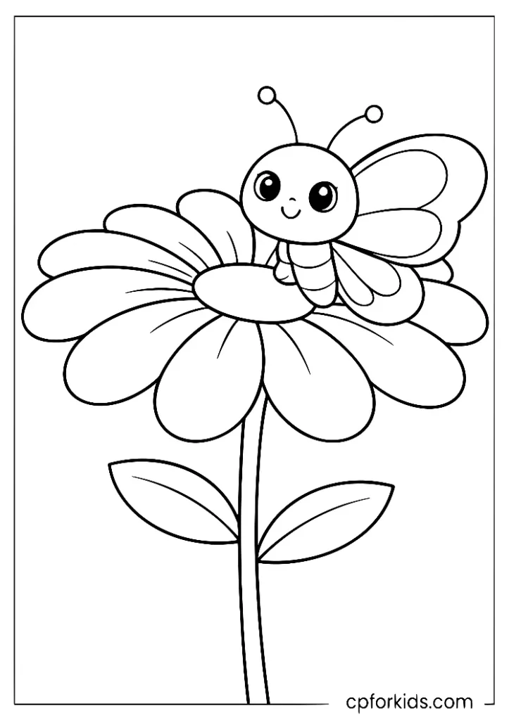 Baby butterfly perched on a large daisy coloring page