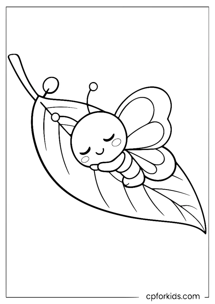 Baby butterfly sleeping on a hanging leaf coloring page