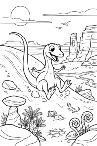 Baby Compsognathus sliding down a sandy prehistoric hill