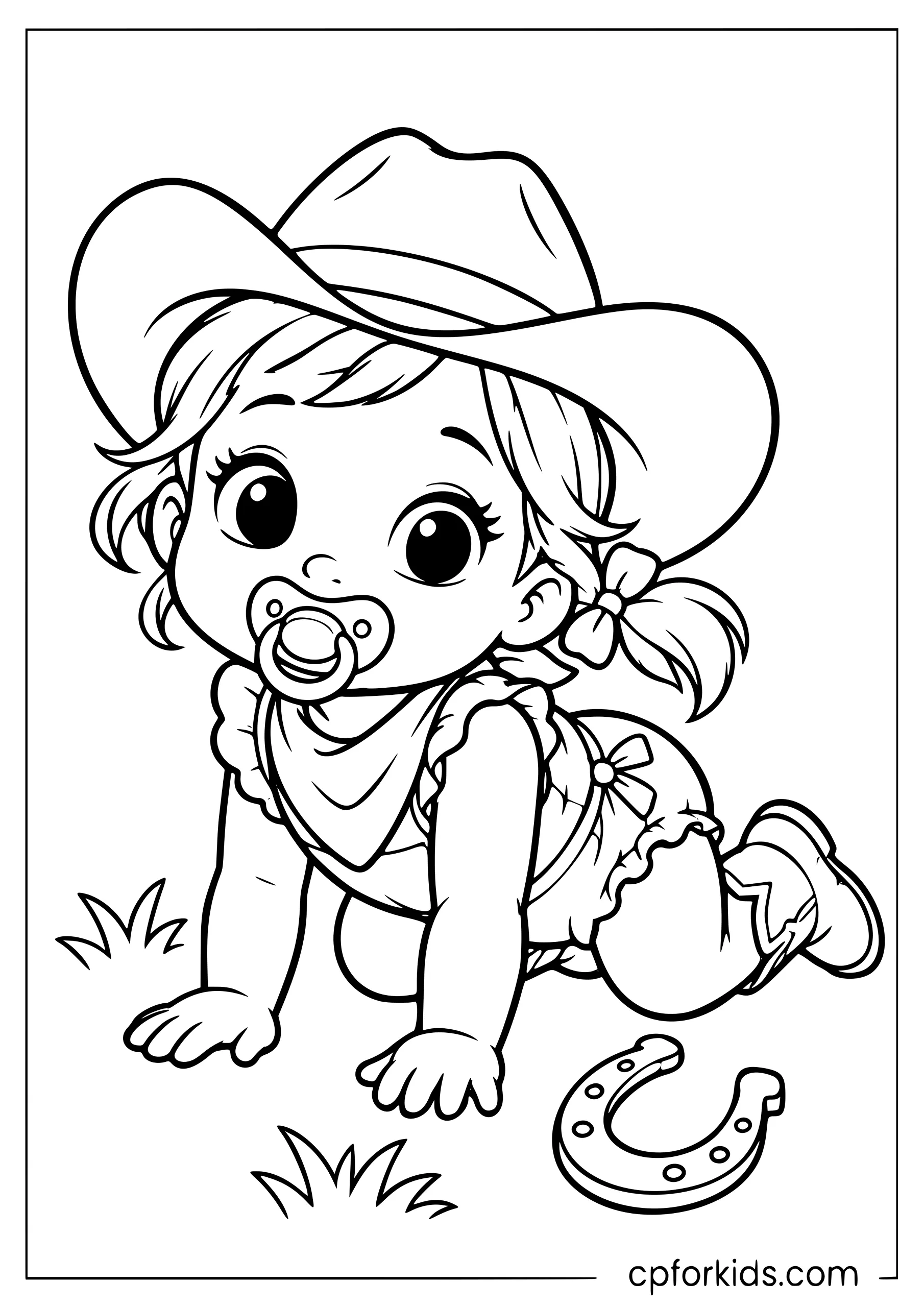 Baby cowgirl crawling with a pacifier and tiny boots