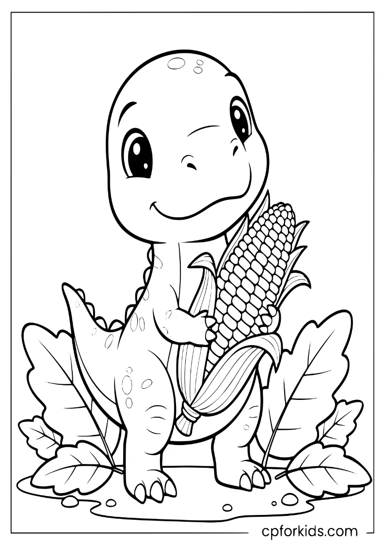 A baby dinosaur hugging a corn cob among large fall leaves