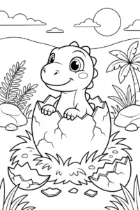 Cute baby dinosaur hatching from a cracked egg