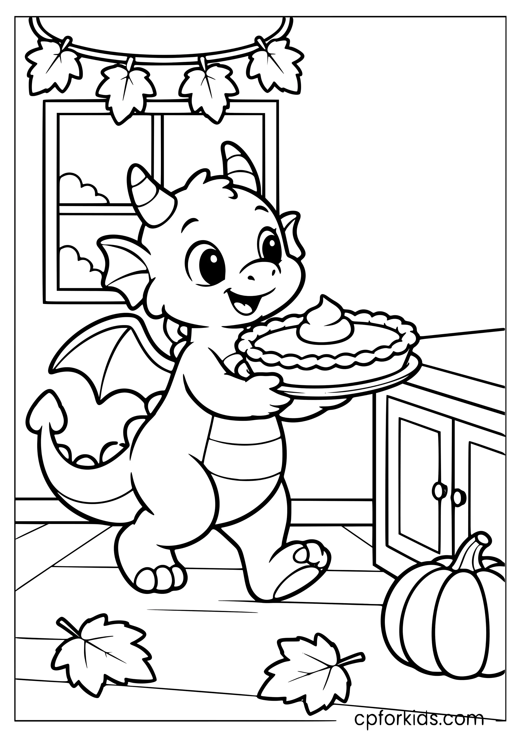 Baby dragon carrying pumpkin pie toward a kitchen counter