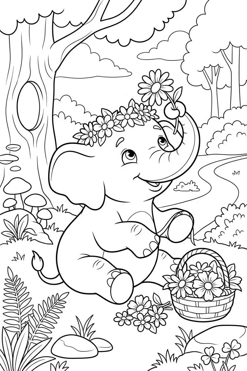 Baby Elephant Making a Flower Crown