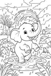 Baby elephant playing in a tropical rain shower