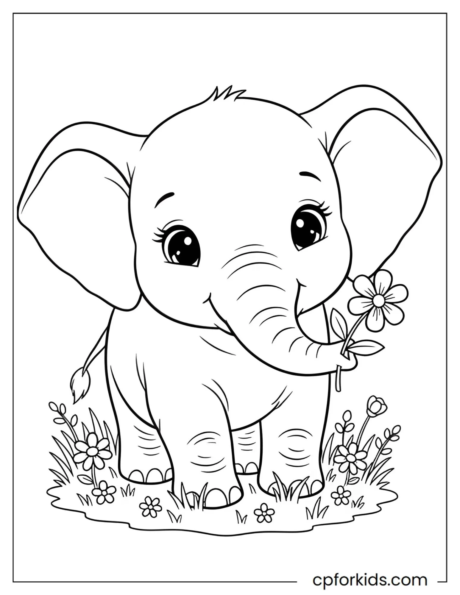 Baby elephant holding a large spring flower