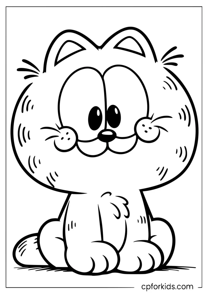 Baby Garfield sitting with chubby proportions, big round eyes and a small smile