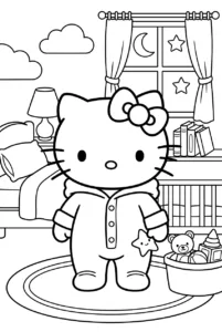 Baby Hello Kitty wearing a cozy onesie in a nursery