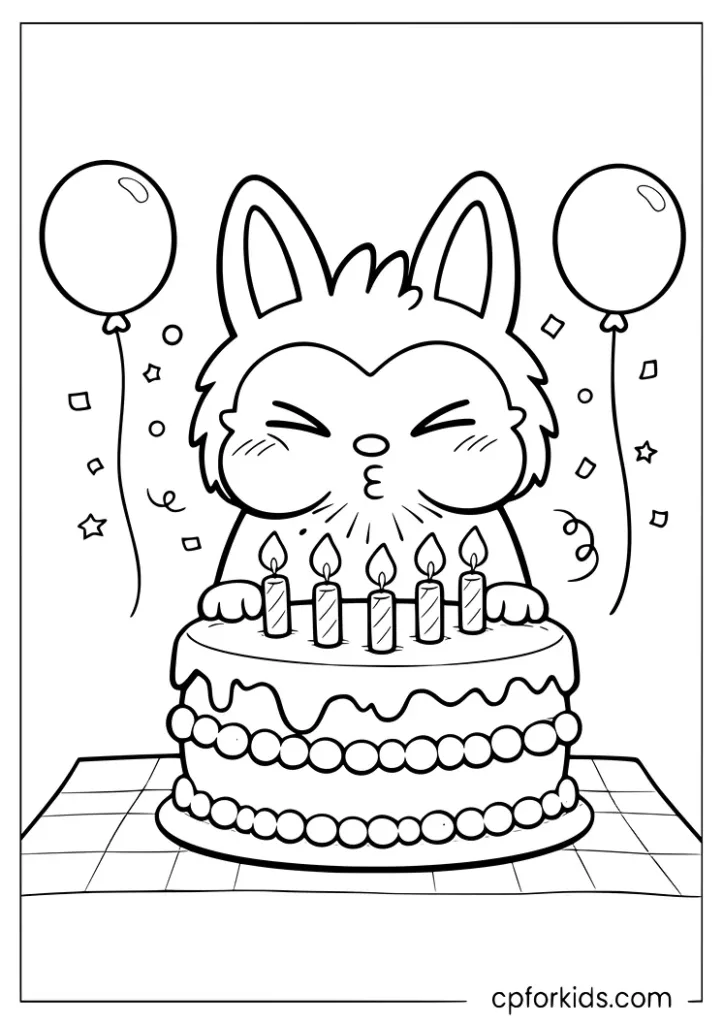 Baby Labubu blowing out candles on a giant birthday cake coloring page