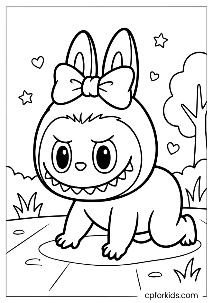 Baby Labubu crawling with a bow on its head coloring page for kids