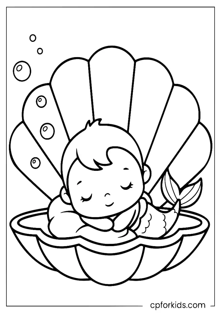 Baby mermaid sleeping peacefully inside a seashell