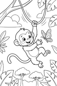 Cute baby monkey swinging on a jungle vine