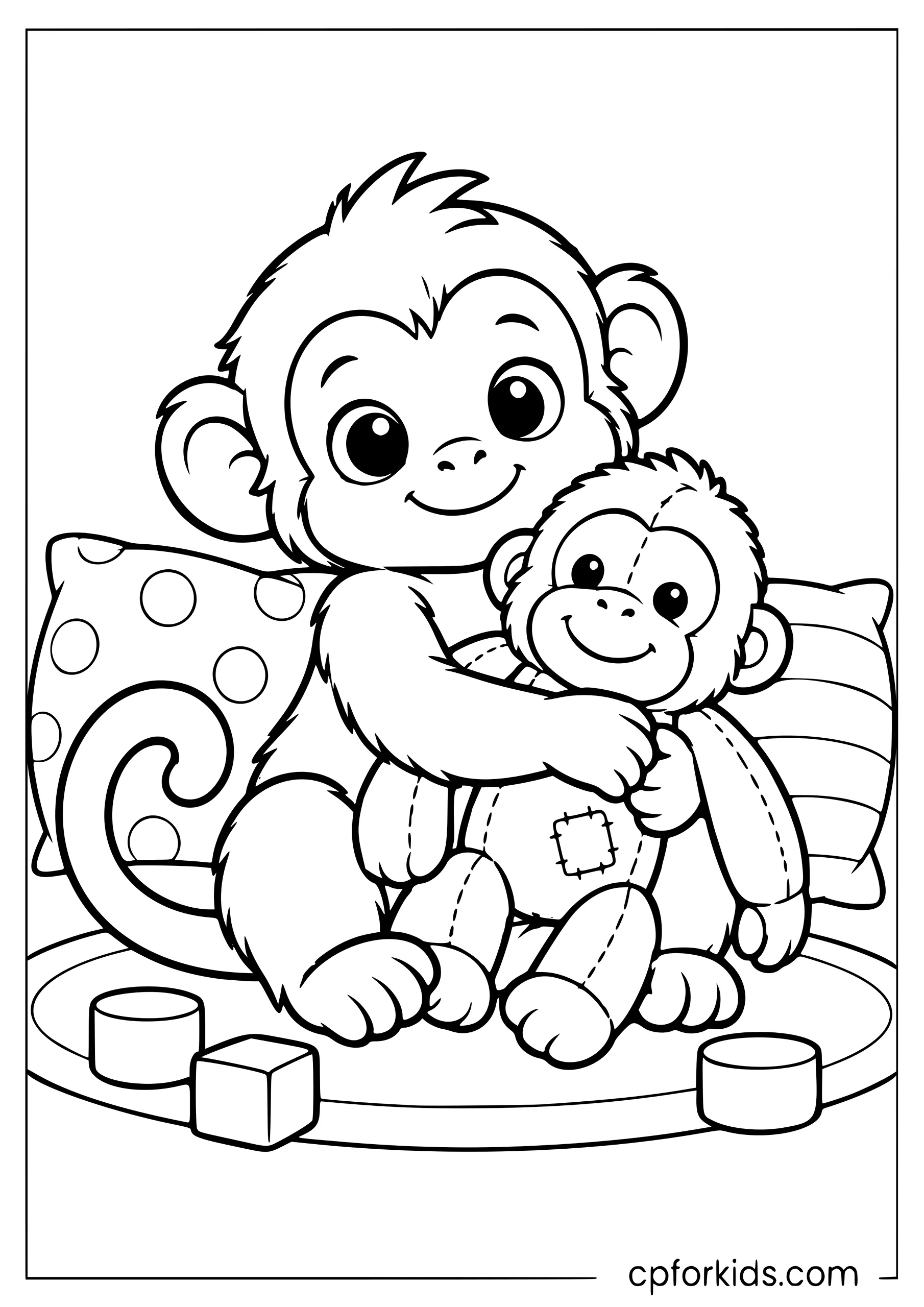 Baby monkey hugging a small plush orangutan