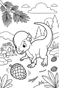 Cute Pachycephalosaurus playing with a pine cone online coloring page