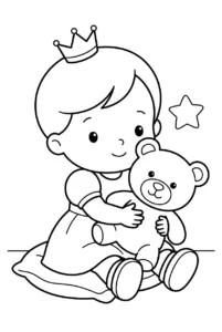 A baby princess sitting with her teddy bear