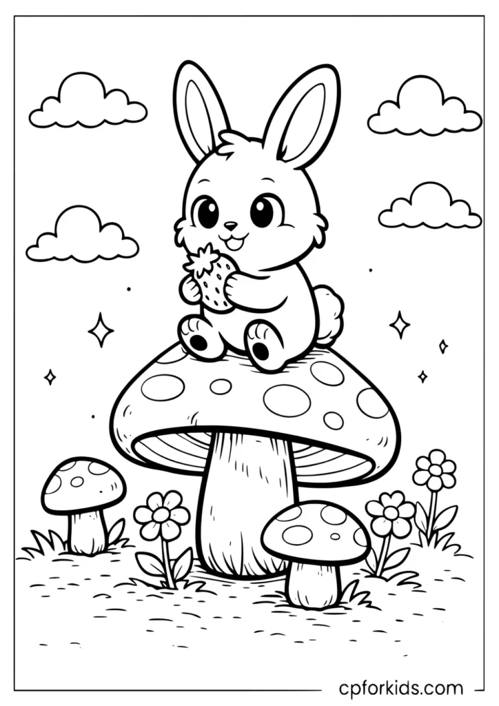Baby rabbit sitting on a big magic mushroom eating fruit coloring page