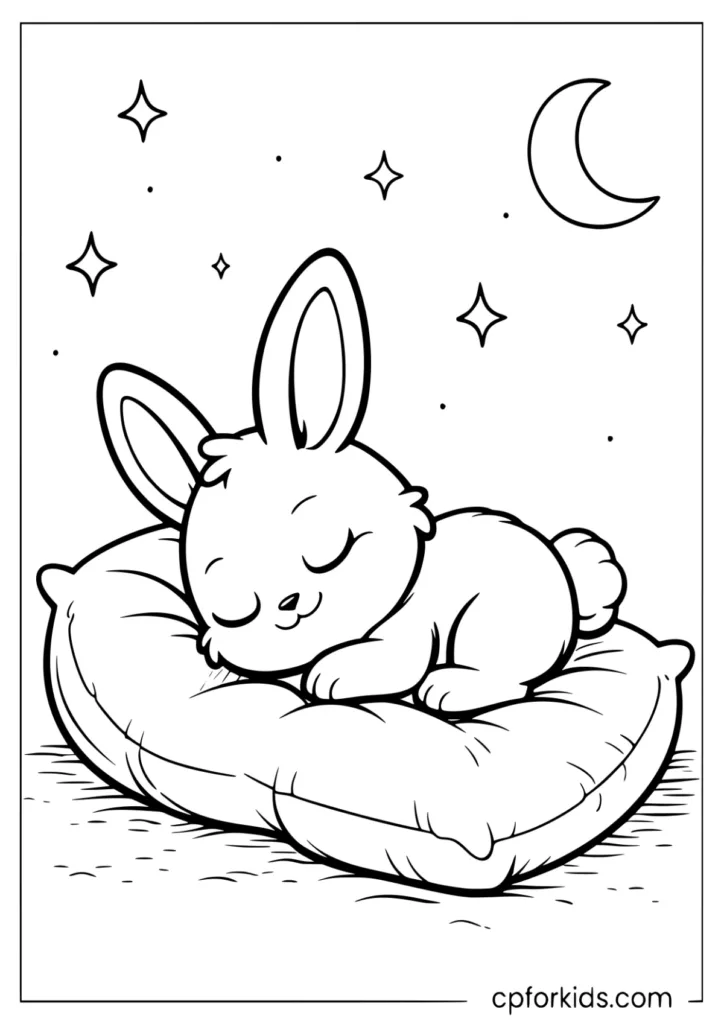 Baby rabbit sleeping on a soft pillow coloring page