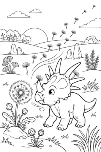 Baby Styracosaurus blowing fluffy seeds in a prehistoric meadow