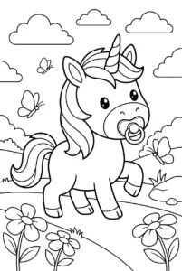 Baby unicorn trotting through flowers with a pacifier