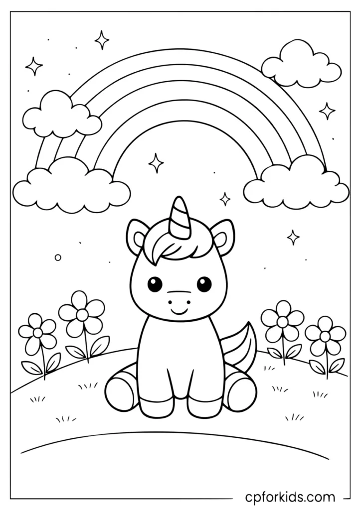 Baby unicorn under rainbow coloring page for toddlers