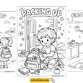 Back to school coloring pages showing kids at bus stop, packing backpack, and teacher at chalkboard