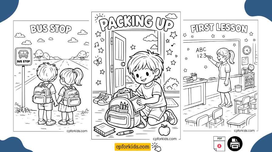 Back to school coloring pages showing kids at bus stop, packing backpack, and teacher at chalkboard