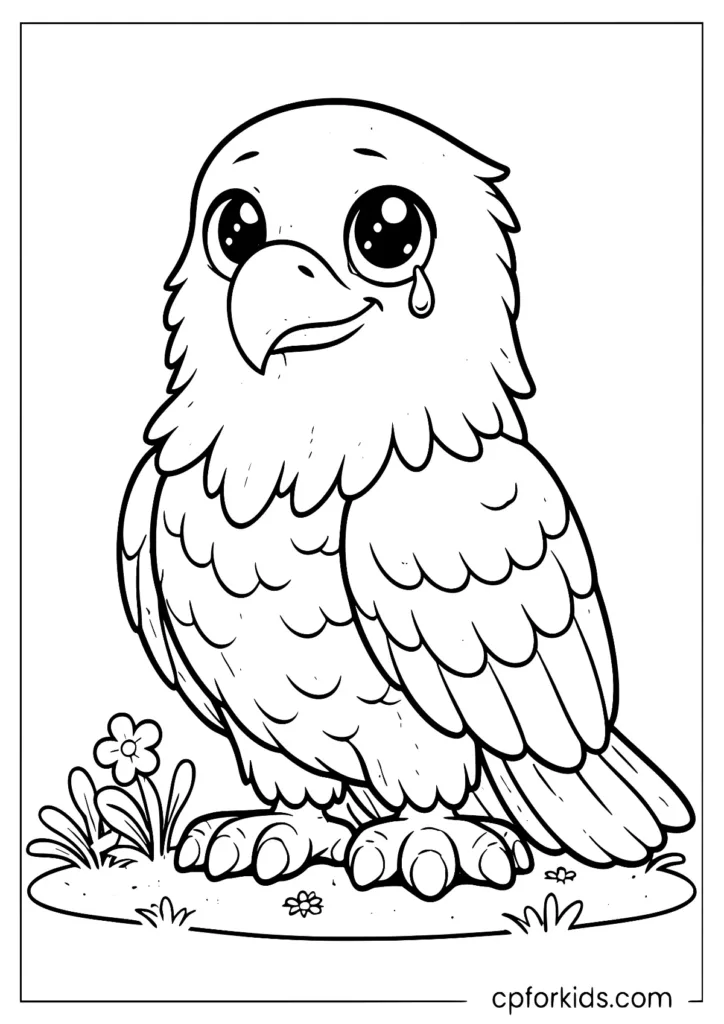 Cute cartoon bald eagle with a tear, easy to color.